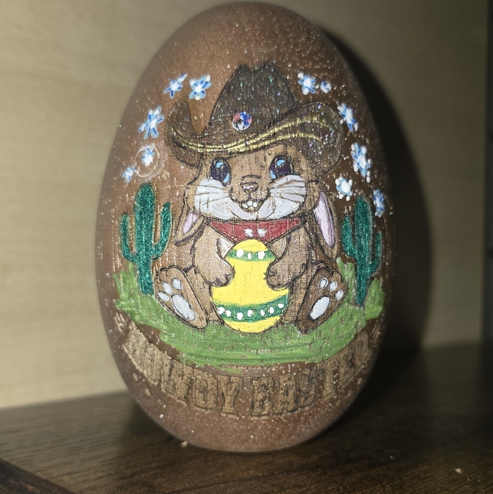Easter Egg, 4 Inch high, Laser Engraved and Painted with Cowboy Bunny, Yeehaww